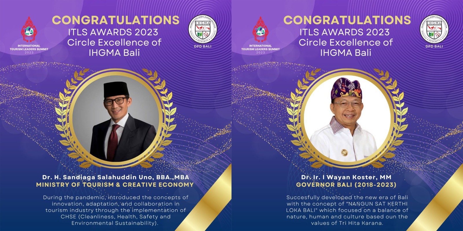 Menteri Sandiaga Uno dan Wayan Koster Terima Penghargaan ITLS 2023